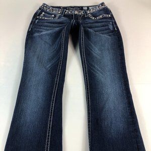 Miss Me Jeans Women's 27 Boot Cut Blue Stretch Denim Embellished Flap Pocket